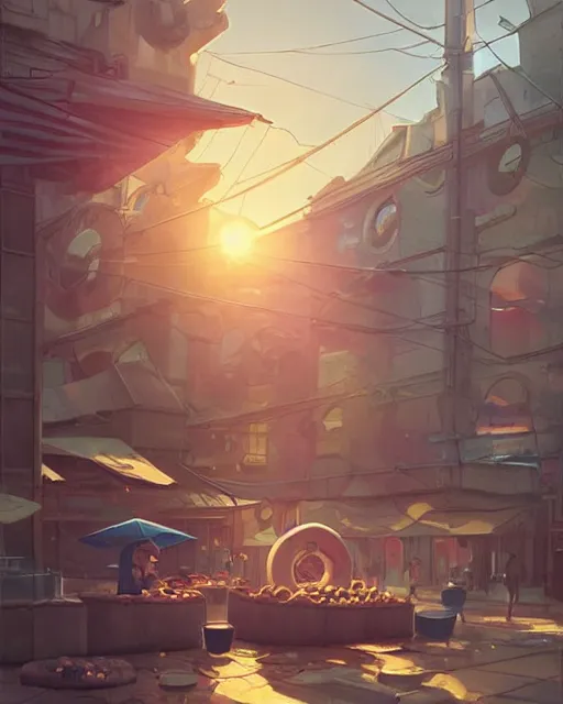 Image similar to a doughnut scene, everything is doughnuts, perfect shading, atmospheric lighting, by makoto shinkai, stanley artgerm lau, wlop, rossdraws