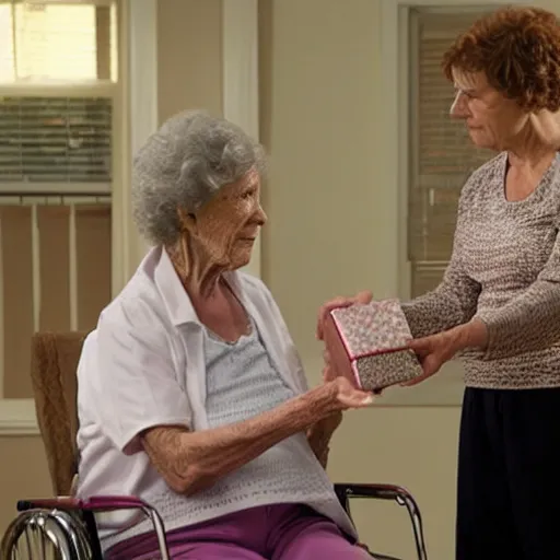 Image similar to dexter morgan giving his grandma a gift at the nursing home