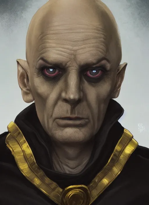 Image similar to a bald pale ninety year old sorcerer. stately and dour. eyeliner accentuates his sunken eyes. a high black turtleneck. opulent white golden red robe. white leather gloves with gold decoration, sharp focus, a downcast shadow, his hands crossed in front of his displeased face, illustration, digital painting, art by magali villeneuve