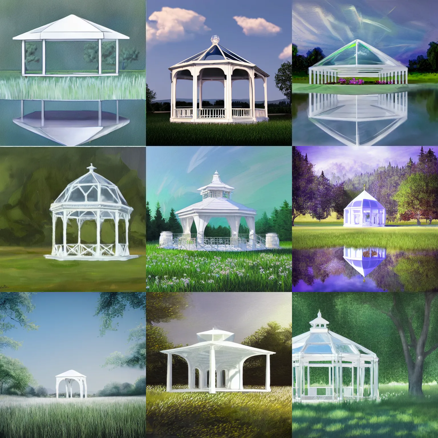 Prompt: white gazebo in the middle of a calm meadow, glass crystal reflective architecture, sci-fi concept art painting