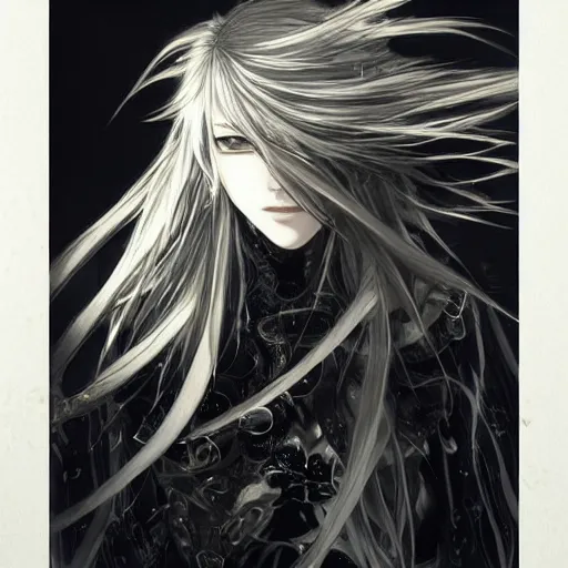 Prompt: Yoshitaka Amano blurred and dreamy illustration of an anime girl with wavy white hair and cracks on her face wearing Elden ring armour with the cape fluttering in the wind, abstract black and white patterns on the background, noisy film grain effect, highly detailed, Renaissance oil painting, weird portrait angle
