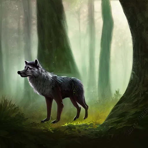 Prompt: a woodland druid in a forest with a wolf bird and racoon, photorealistic, in the style of greg rutkowski, digital painting