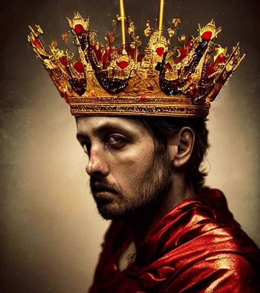 Image similar to 'Portrait of Crowned King Arthur' by Lee Jeffries royally decorated, whirling plasma, atmospheric motes, red and gold Sumptuous garb, gilt silk fabric, radiant colors, fantasy, perfect lighting, studio lit, micro details,