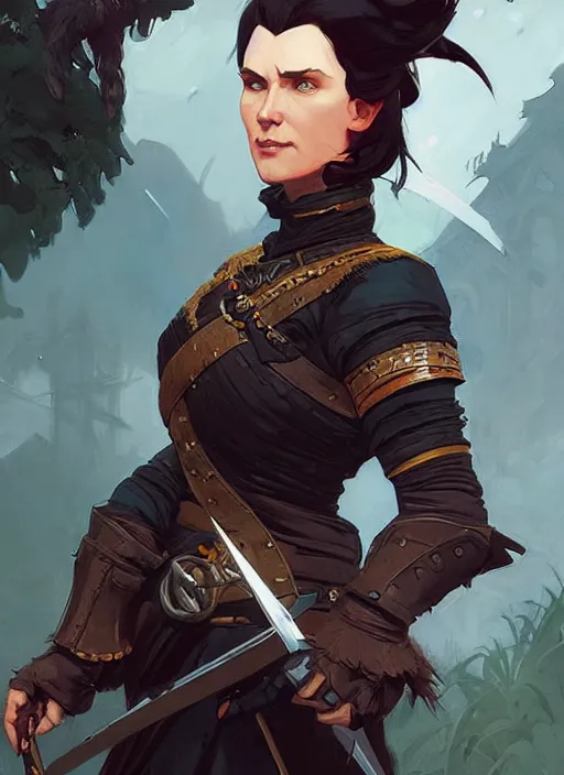 Prompt: concept art of a dangerous dark haired female warlord. witcher 3 character design by laurie greasley and sherree valentine daines concept art, matte, sharp focus, illustration, hearthstone, art by artgerm and greg rutkowski and alphonse mucha