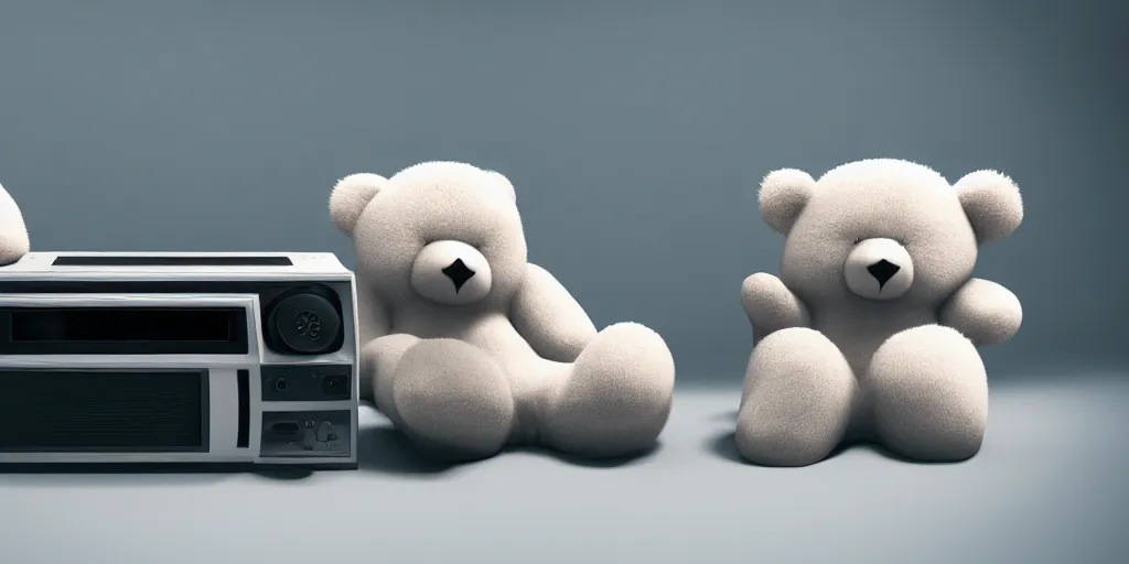 Image similar to two fluffy bears playing coleco vision with an old tv, octane render, 8 k resolution, cinematic
