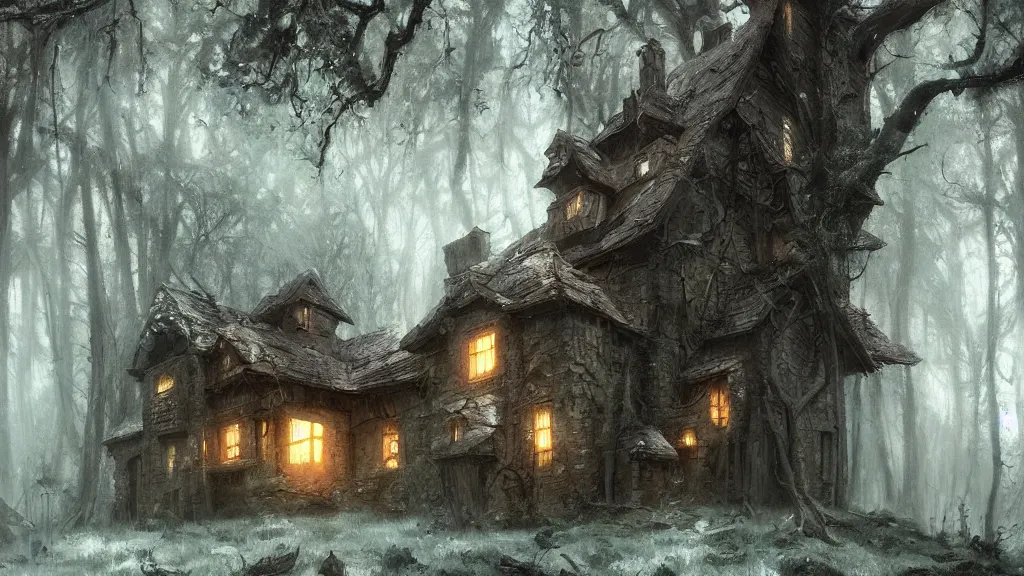 Image similar to a magical house in a forest, high detail, digital art, painted by greg rutkowski, painted by seb mckinnon, trending on artstation