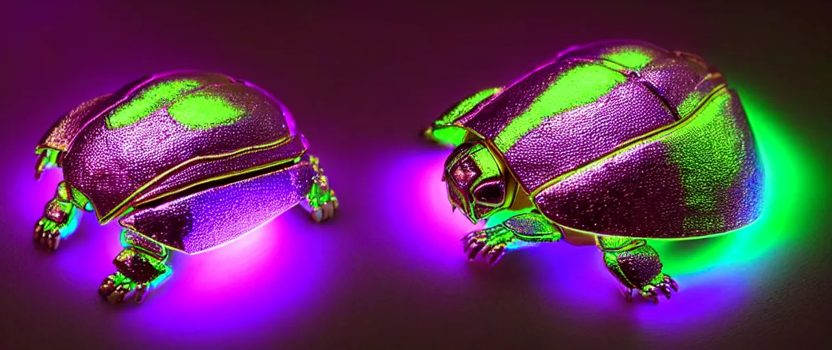 Image similar to high quality photo glowy iridescent cyborg scarab! jeweled very beautiful! highly detailed digital art david ligare elson peter cinematic purple neon lighting high quality low angle hd 8k sharp shallow depth of field