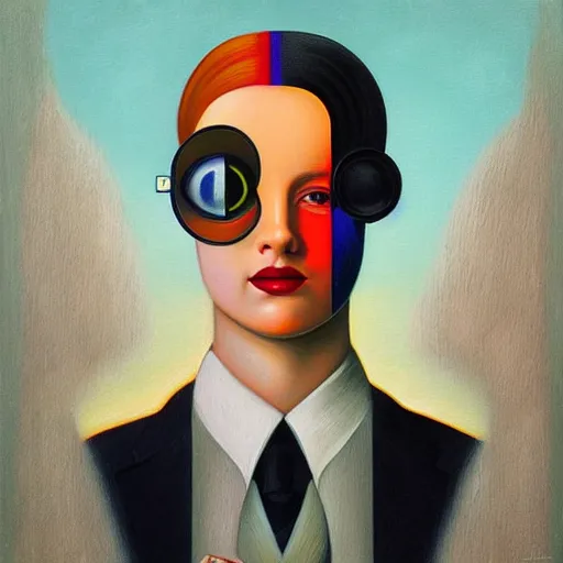 Image similar to colorful art deco portrait, an ultrafine detailed painting by rafal olbinski, thomas cole, behance contest winner, pop surrealism, detailed painting, very detailed, minimalist, skeuomorphic, airbrush art