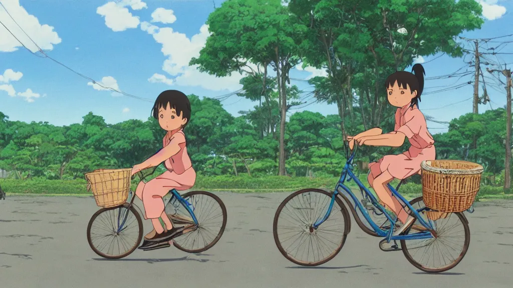 Image similar to a young girl riding a bike with a basket in a small town, 1970s philippines, art by hayao miyazaki, studio ghibli film, hi res, 4k, perfect face, wide shot