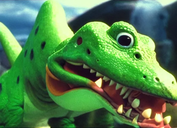 Image similar to film still of yoshi in the new sci - fi movie, cute upright dinosaur with a small turtle shell and long tongue, 8 k