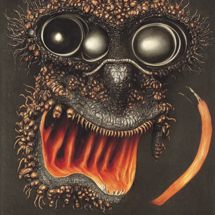 Image similar to close up portrait of a mutant monster creature with giant flaming protruding eyes bulging out of their eye sockets, exotic black orchid - like mouth, insect antennae by jan van eyck, walton ford