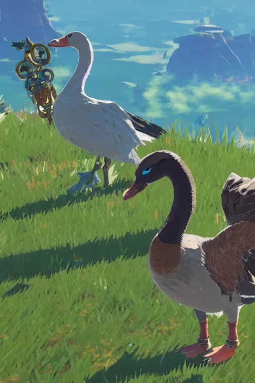 Image similar to in game footage of a goose from the legend of zelda breath of the wild, breath of the wild art style.