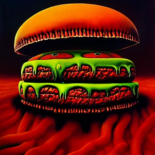 Image similar to horrifying eldritch cheeseburger, painting by zdzisław beksinski, product photograph, 4 k, dark atmosphere, horror, veins, oozing slime