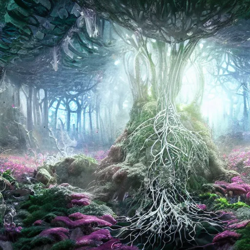 Image similar to biocomputer heart organ intertwined with white biocomputer flowers and biomechanical flowers in a cave robotic forest, intricate environment, matte painting, diffused lighting, highly detailed cinematic, atmosphere, diffused lighting, highly detailed digital art, trending on artstation, depth of field, wide angle