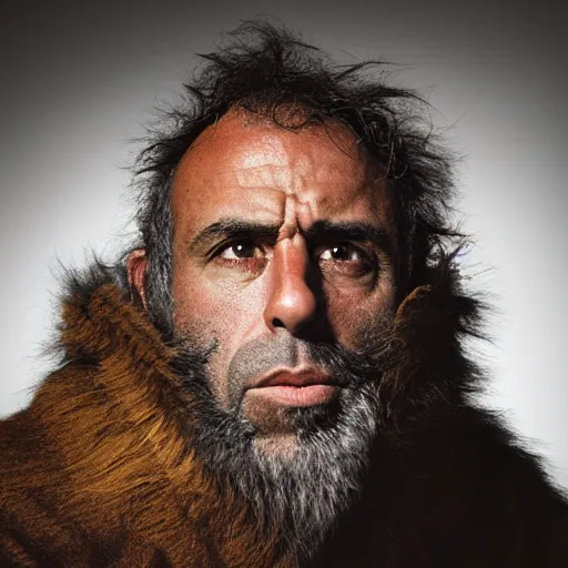 Image similar to Photo portrait Joe Rogan as a Neanderthal cave man wrapped in fur cloak lit by fire cave background dramatic lighting 85mm lens by Steve McCurry