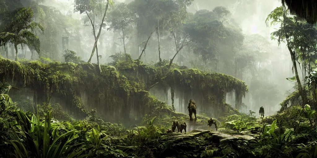 Prompt: amazon jungle, wall wood fortress, Photorealistic, plants environment, wide angle, establishing shot, cinematic lighting, atmospheric, realistic, octane render, highly detailed, color graded, matte painting in the style of craig mullins