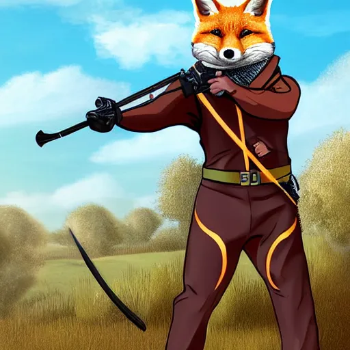 Prompt: archer in fox costume shooting at a giant machine, hd, digital art