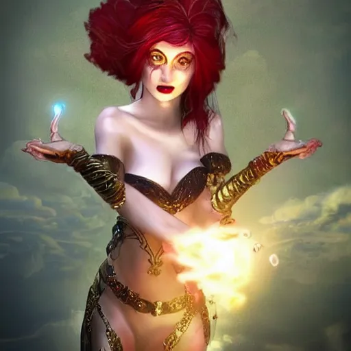 Image similar to beautiful female sorceress, ornately dressed, royalty, dungeons and Dragons, red hair, glowing eyes, realistic