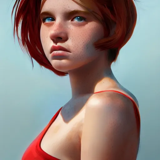 Prompt: portrait of a teen girl with freckles with long red hair and bright brown eyes, 8 k, highly detailed, digital painting, artstation, sharp focus, illustration