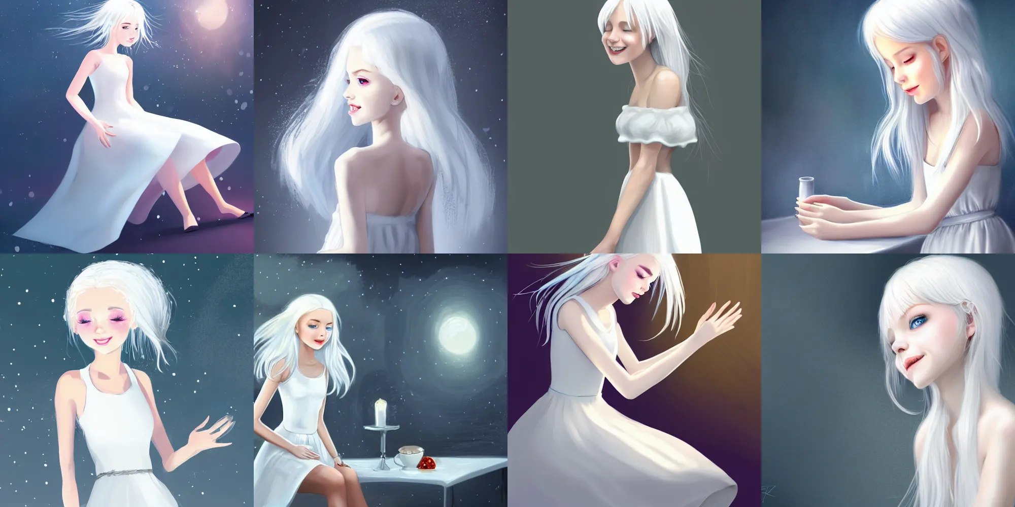 Prompt: the girl's hair was white like snow, but her face was warm and gentle. she wore a beautiful white dress a top her petite body. she has her hand on the table as she smiled softly, concept art, digital art, beautiful