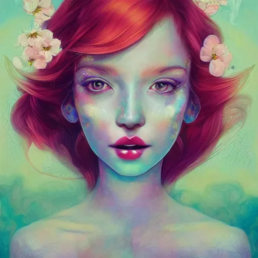 Image similar to aesthetic! angelic! redhead portrait by Anna Dittmann and Harumi Hironaka and Filip Hodas, flowers, magical, artsy