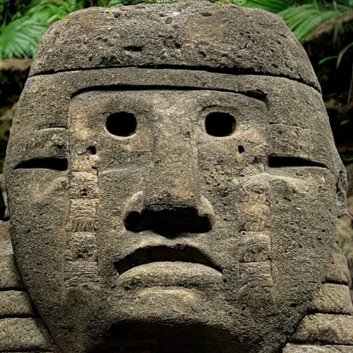 Image similar to intimidating olmec head carved into a mossy stone wall with ornate incan patterns