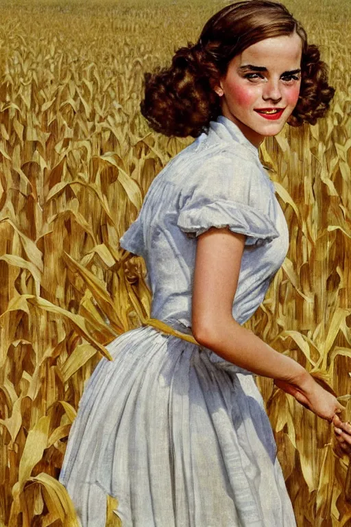 Image similar to Emma Watson in a corn field 1950s portrait by Norman Rockwell