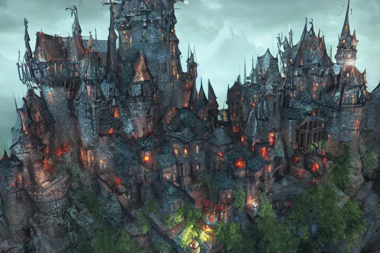 Image similar to big evil fairy castle - city rock dark shadow elves, might and magic heroes 7, dark fantasy, shadows, artstation trending, unreal engine 5, red