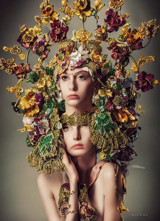 Image similar to full body environmental portrait photo of a young and beautiful female model, ornate headpiece made from flowers, ornaments, glamour shot by gemmy woud - binnendijk, chris knight, photorealistic, canon r 3, fashion photography, ornate, symmetrical features, octane render, unreal engine, solid dark background, clamp shell lighting, rim lighting