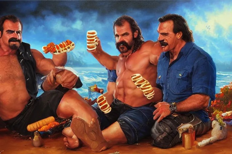 Image similar to portrait of wwf rick rude and wwf jake roberts sharing hotdogs, an oil painting by ross tran and thomas kincade