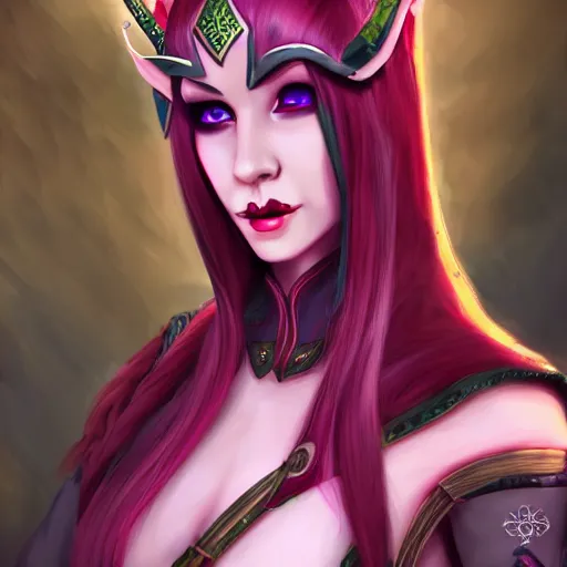 Image similar to portrait of a female high elf with magenta eyes and dark hair, digital art dnd beyond trending on art station 8 k