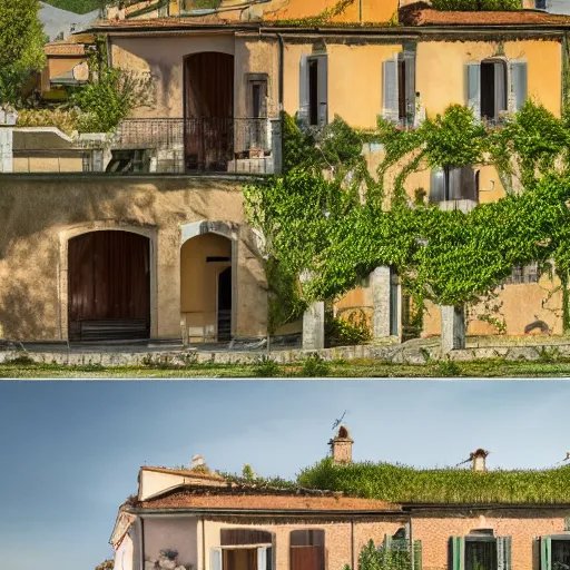 Prompt: beautiful house in italy, green space, 4k, high detail, with horses running wild