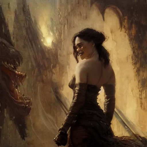 Image similar to emilia clarke with long fangs, detailed, by gaston bussiere, bayard wu, greg rutkowski, giger, maxim verehin, greg rutkowski, masterpiece, sharp focus,