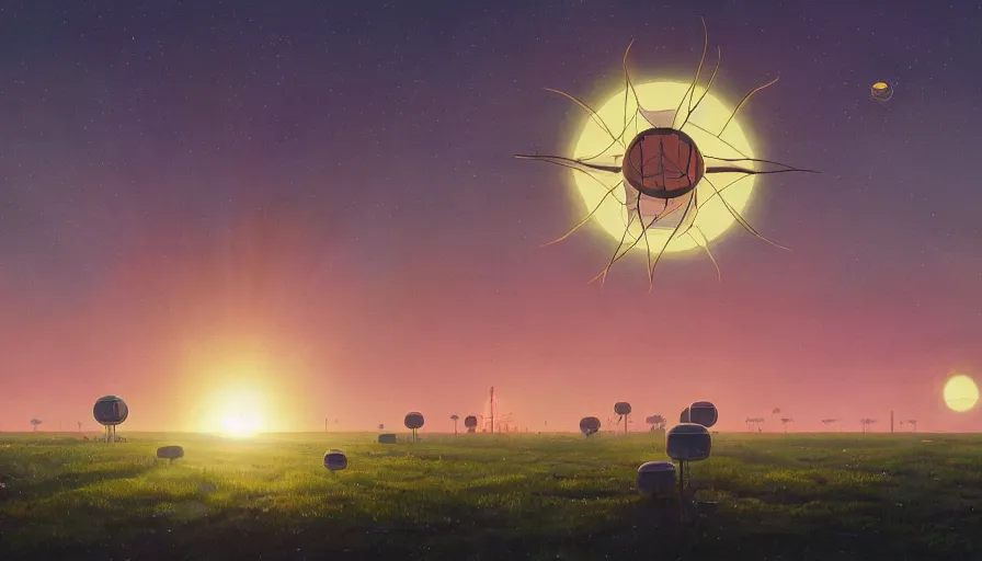 Prompt: hexagonal solar sails floating in front of sun, simon stalenhag