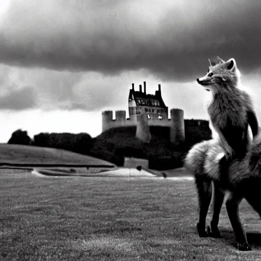 Image similar to anthropomorphic fox!! who is a me - dieval knight holding a swo - rd towards a stormy thundercloud [ 1 9 3 0 s film still ], ( castle in the background )