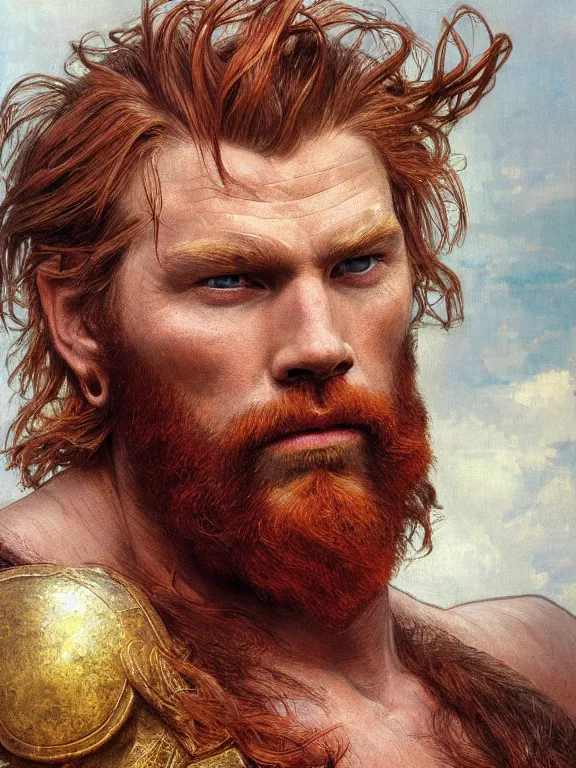 Image similar to painted portrait of rugged thor, god of thunder, norse god, red hair, masculine, mature, handsome, upper body, red and gold, muscular, hairy torso, fantasy, intricate, muscular, elegant, highly detailed, digital painting, artstation, concept art, smooth, sharp focus, illustration, art by gaston bussiere and alphonse mucha