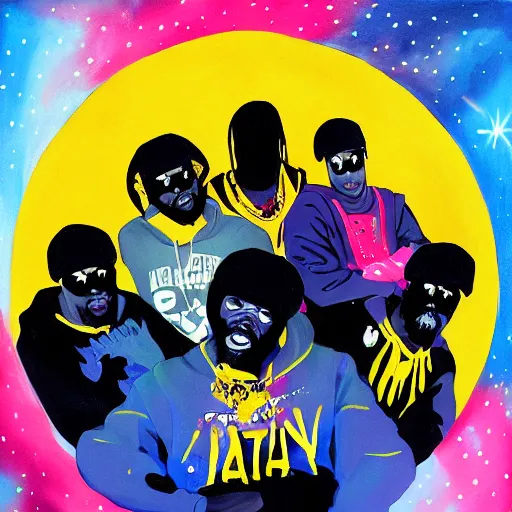 Image similar to a messy painting of the Wu-Tang Clan in space