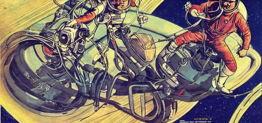 Image similar to astronaut riding on a monocycle on saturn ring, comic style, pulp magazine, vintage scifi