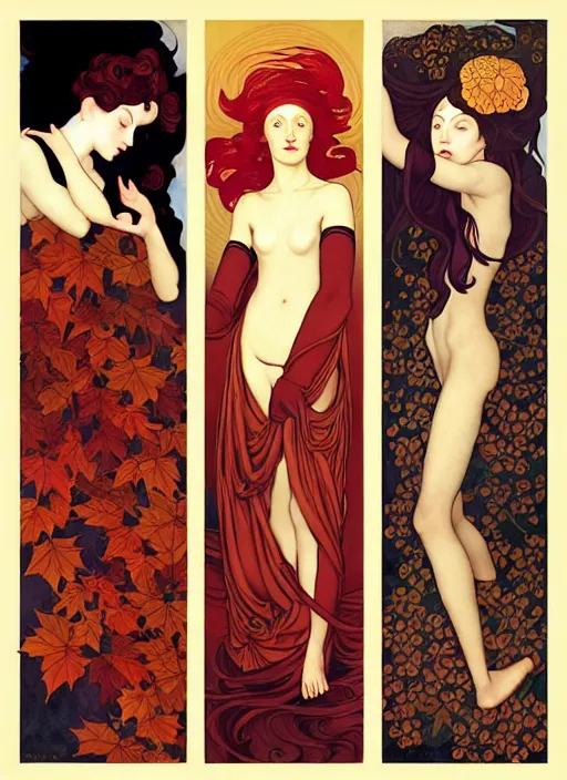 Image similar to 3 Autumn Muses symbolically representing September, October, and November, in a style blending Æon Flux, Peter Chung, Shepard Fairey, Botticelli, Ivan Bilibin, and John Singer Sargent, inspired by pre-raphaelite paintings, shoujo manga, and cool Japanese street fashion, dramatic autumn landscape, leaves falling, deep vivid warm tones, hyper detailed, super fine inking lines, ethereal and otherworldly, 4K extremely photorealistic, Arnold render
