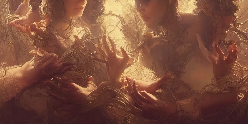 Prompt: too many hands, gnarled, so many hands, fingers, weird amount of hands, intense lighting, light beams, lens flare, intricate, elegant, highly detailed, digital painting, artstation, concept art, smooth, sharp focus, illustration, art by artgerm and greg rutkowski and alphonse mucha