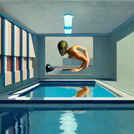 Image similar to A pool inside a british catle, very coherent, painted by Edward Hopper, Wayne Barlowe, painted by James Gilleard, airbrush, art by JamesJean