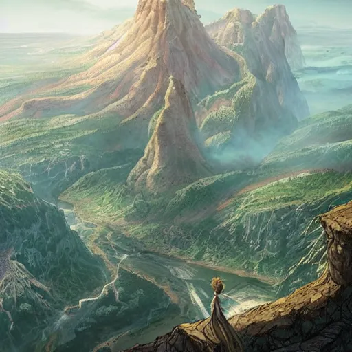 Image similar to view from a cliff into a gigantic valley in the middle of which stands yggdrasil; design by charlie bowater, detailed, inked, western comic book art