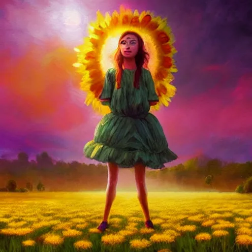 Image similar to giant daisy flower as head, girl dancing in a flower field, surreal photography, sunrise, dramatic light, impressionist painting, colorful clouds, digital painting, artstation, simon stalenhag