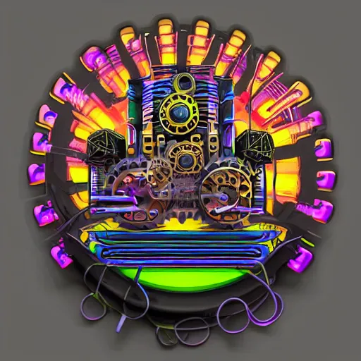 Image similar to sticker of a rock band, name is tripmachine, on the sticker is a 3 d render of a huge futuristic steampunk generator with gears and trippy tubes, 8 k, fluorescent colors, halluzinogenic, multicolored, exaggerated detailed, silk screen art