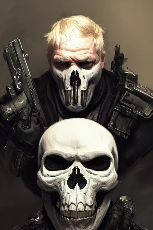 Image similar to Boris Johnson as Punisher, realitic portrait, skull image on the vest, highly detailed, digital painting, artstation, concept art, smooth lines, sharp focus, illustration, cinematic lighting, art by artgerm and greg rutkowski and alphonse mucha