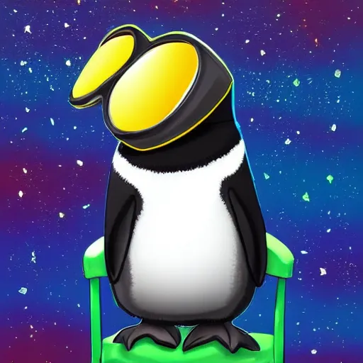 Prompt: digital art of a cute and small penguin! sitting outside on a chair at night while wearing sunglasses, detailed, bright stars, trending on artstation, digital art, award winning art, detailed digital art, painting, trending on pixiv