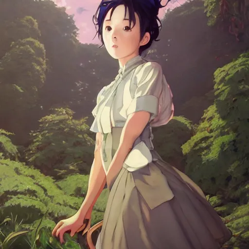 Image similar to a young woman in maid uniform by Stanley Artgerm Lau, WLOP, Rossdraws, Guweiz, Marc Simonetti, Studio Ghibli, krenz cushart, pixiv, background by James Jean and gustav klimt and John Marshall Gamble, 4k, volumetric lighting, french nouveau, trending on artstation, octane render, hyperrealistic