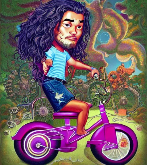 Image similar to Jason Momoa on a tricycle, lowbrow painting by Jeremiah Ketner and Hiroyuki Mitsume-Takahashi and Goro Fujita and Mark Ryden