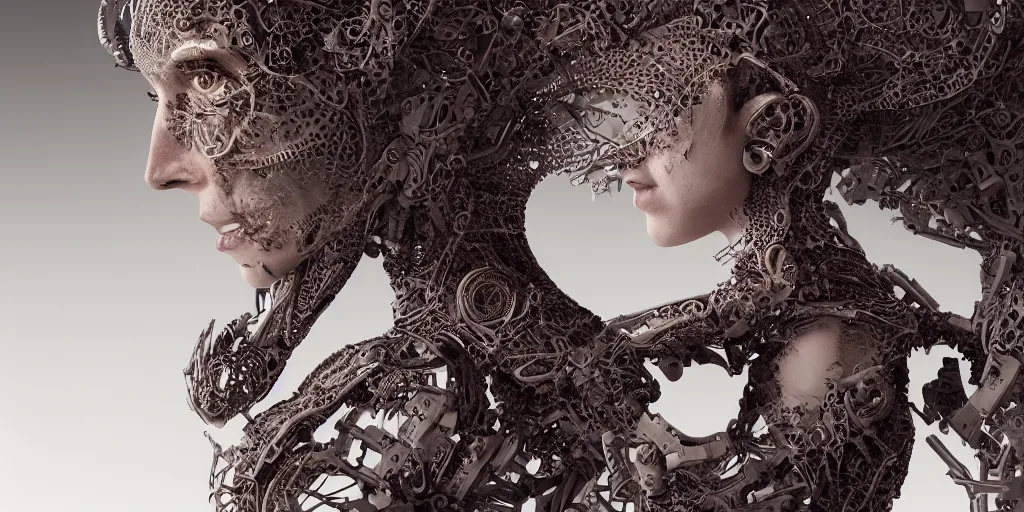 Image similar to group of realistic photography of a female cyborg humanoid, back arched, holding, hugging, grasping, highly detailed intricate filigree, in the style of beth cavener, jin kagetsu, wlop,, symmetry, masterpiece, concept art, ringflash, highkey lighting, ambient lighting, hard key light, octane render, 8 k, artstation