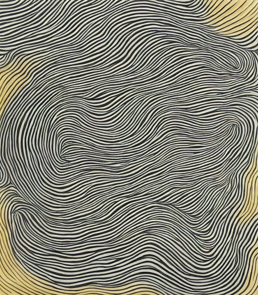 Image similar to a beautiful painting of symmetric waves on the coast, lineart, charcoal sketch, extremely fine finish, high detail, simple style, golden acrylic highlights